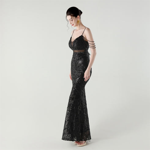 Graceful Sequin Embellished Mesh Mermaid Maxi Dress